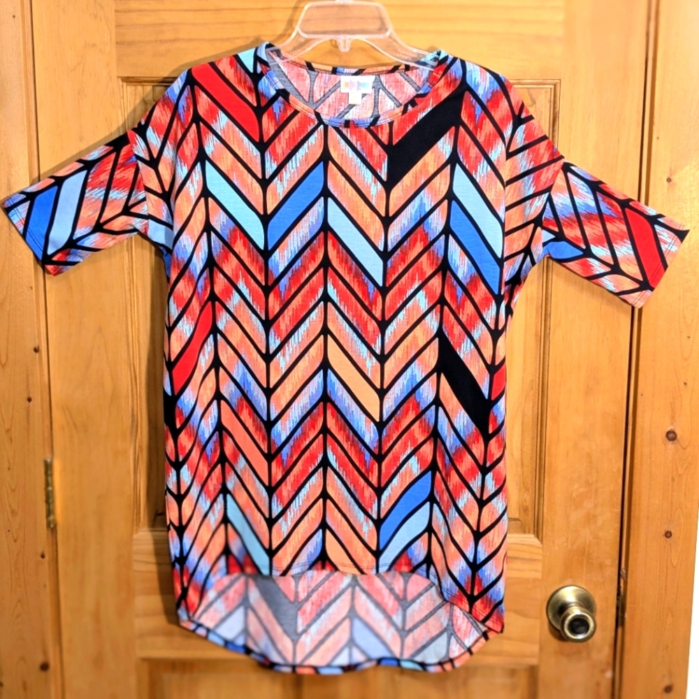 LuLaRoe LLR Irma Tunic Size XXS Multicolor Chevron High Low Mid Sleeves Stretch